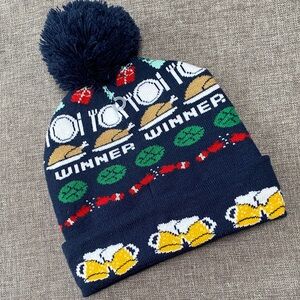 Winner Chicken Dinner Beer Knit Pom Beanie Hat Ski Board Blue Adult O/S